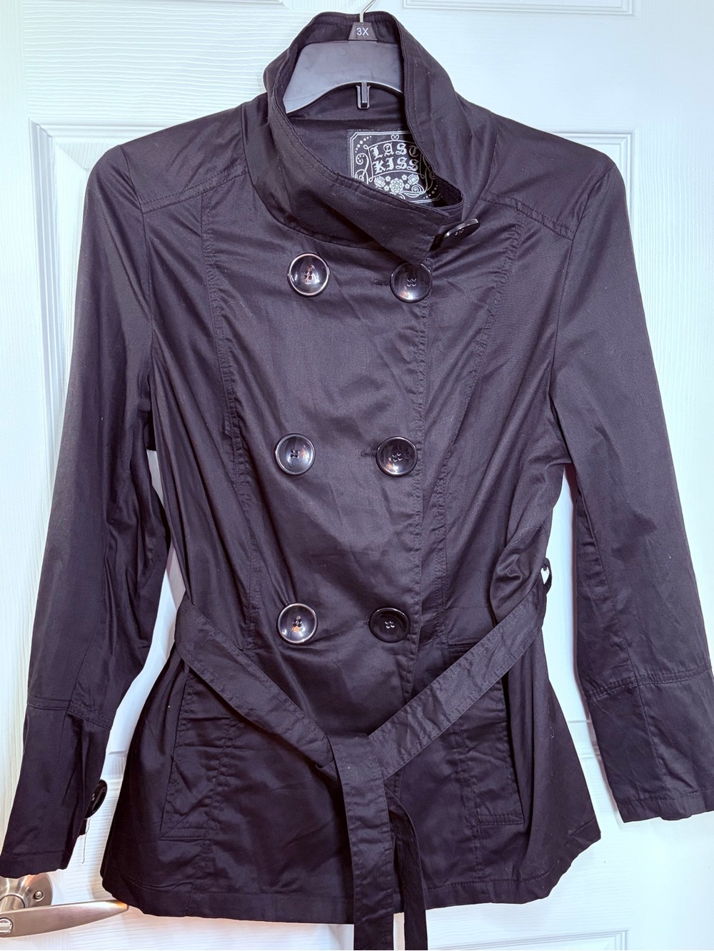 last kiss Black Double-Breasted Trench Jacket with Waist Tie